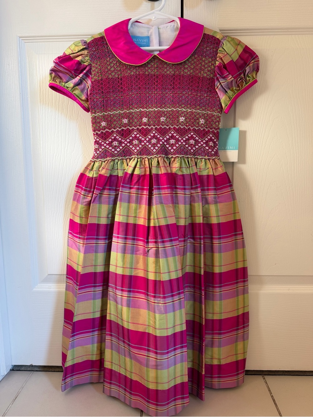 NWT Anavini Girls Pink Plaid Smocked Silk Dress with Peter Pan Collar size 6x
